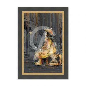 Cadre en bois avec impression en PVC vernis "La petite fille sur la valise" - Noir/Dorée - 80 x 120 cm - Collection Romaric