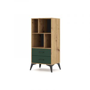 Bibliothèque en bois "Lugo" à 4 cases + 2 tiroirs - Beige/Vert - H 138 cm