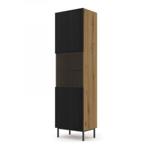 Colonne vitrée Ravenna 3 portes + 5 étagères en bois et verre avec cadre noir - Noir et beige - H 217 x l 60 x P 42 cm