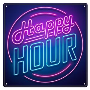 Plaque m&eacute;tal effet n&eacute;on HAPPY HOUR 30x30cm