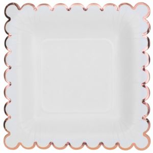Paquet de 10 Assiettes festonnées carré 18x18cm, blanc/Rose Gold