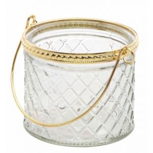 Photophore en verre cisel&eacute; avec anse m&eacute;tal dor&eacute; 8,5cm