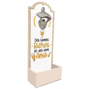 Décapsuleur mural BONNES BIERES ET BONS AMIS en bois 30cm