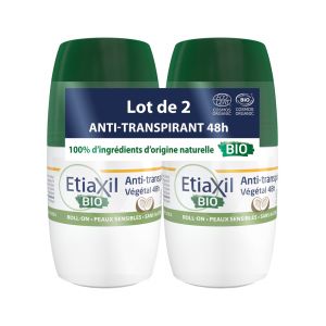 Etiaxil Déodorant Anti-Transpirant Végétal 48h Roll-On Bio Lot de 2 x 50 ml - Senteur : Coco