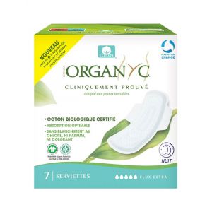 Organyc 7 Serviettes Hygiéniques Nuit Flux Extra Peaux Sensibles