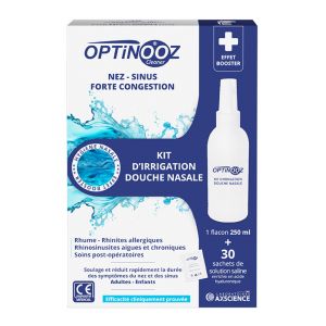Optinooz Kit d'Irrigation Douche Nasale : Flacon 250 ml + 30 Sachets de Solution Saline