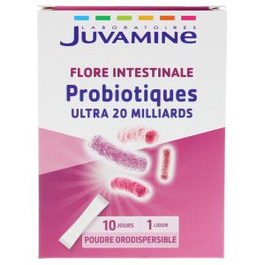 Juvamine Probiotiques Ultra 20 Milliards Flore Intestinale 10 Sticks de Poudre Orodispersible à Avaler