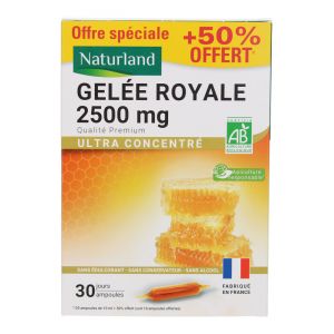 Naturland Gelée Royale 2500 mg Ultra Concentré Bio 20 Ampoules + 10 Ampoules Offertes