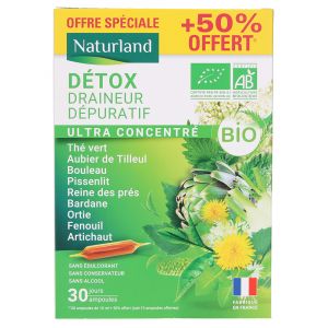 Naturland Détox Draineur Dépuratif Ultra Concentré Bio 20 Ampoules de 10 ml + 10 Offertes