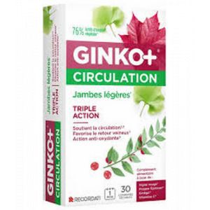 Ginko+ Circulation Jambes L&eacute;g&egrave;res Comprim&eacute;s x 30 - Circulation veineuse - Pharmacie en ligne LaSante.net
