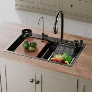 SIRHONA 1 Bac &Eacute;vier de Cuisine Noir Multifonctionnel &agrave; Encastrer Avec Robinet de Poisson Volant R&eacute;tractable & Affichage de la Temp&eacute;rature 75x45cm