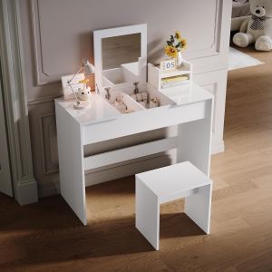 SIRHONA Coiffeuse avec miroir pliable blanche avec tabouret et miroir rabattable 2 en 1 design 2 en 1 100 x 450 x 760 mm