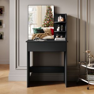 SIRHONA Coiffeuse avec Miroir, Table de Maquillage avec Grands Tiroirs et &eacute;tag&egrave;res de rangement, Noir 70x40x140cm