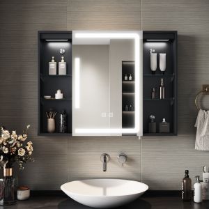 SIRHONA Armoire de Toilette Miroir, Armoire Murale avec &Eacute;clairage LED et Prises de Courant, Interrupteurs &agrave; Commande Tactile,  80 x 60 x 13cm