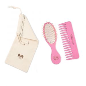 Duo petite brosse et petit peigne rose en bois de frêne Tek