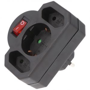 Prise multi 2x Euro et 1x contact de protection noir avec interrupteur - ATTENTION PRISE DE TYPE F