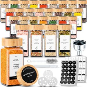Organess 28 pots &agrave; &eacute;pices carr&eacute;s en verre avec couvercle en bambou - 3 types de couvercles &agrave; saupoudrer - Spice Spreader - pots &agrave; &eacute;pices - Set complet avec stickers &agrave; &eacute;pices, stick &agrave; craie et accessoires - 120ml