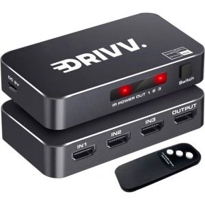 Drivv. Commutateur HDMI 4K 60Hz - 3 entrées 1 sortie - Télécommande incluse - Commutation automatique - 780/1080p/4K - Noir