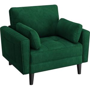 Yaheetech Fauteuil de salon moderne avec accoudoirs et poches Fauteuil de relaxation avec coussins Cadre en bois Fauteuil de chambre en tissu pour salon Vert