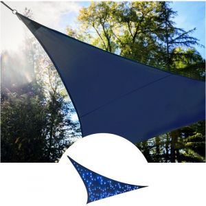 Voile d'ombrage Perel avec 100 LED, ciel &eacute;toil&eacute;, auvent pour terrasse de jardin, toile d'ombrage, perm&eacute;able &agrave; l'eau, 90 % protection UV, 3 anneaux en acier inoxydable, 3,6 x 3,6 x 3,6 m, 180 g/m&sup2;, HDPE, triangle, bleu fonc&eacute;