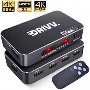 Drivv. Commutateur HDMI 4K 60Hz - 5 entrées 1 sortie - Télécommande incluse - Commutation automatique - Supporte 720p/1080p/4K/3D - Noir