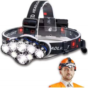 PuroTech - Lampe frontale LED - Lampe frontale militaire - Lampe frontale LED rechargeable - Extra puissante - Lampe frontale - Lampe frontale 8 LED - 18000 lumens - Portée 600 mètres - Réglable - Torche militaire