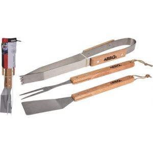 Set d'outils BBQ/barbecue 3 pièces avec manches en bois - Pince - Fourchette - Spatule
