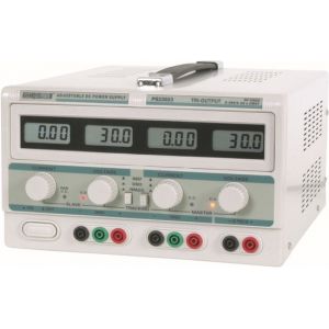 Velleman Alimentation de laboratoire, r&eacute;glable, 2 x 0-30 VDC/0-3 A, + 5 VDC fixe/3 A, limitation de courant, protection contre les courts-circuits, 4 &eacute;crans LCD, gris