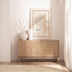 Buffet avec porte coulissante en bois couleur naturelle et rotin naturel Ikigai
