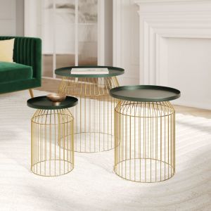 Tables d'appoints rondes en m&eacute;tal bleu gris et laiton (lot de 3) - palombe