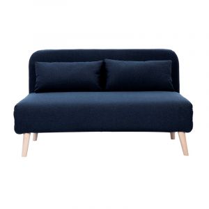 Chauffeuse 2 places convertible en tissu bleu fonc&eacute; et bois clair amiko