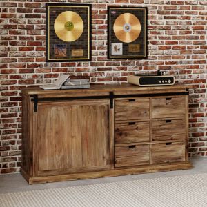Buffet en bois recycl&eacute;, 6 tiroirs et 1 porte coulissante - sari