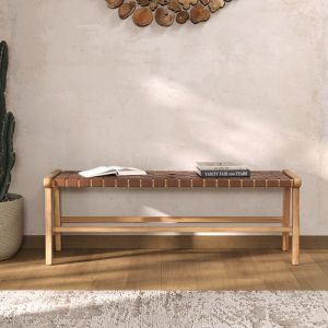 Banc 120 cm en cuir tress&eacute; marron et bois de teck - kuna