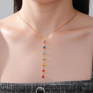 Collier de Protection avec Long Pendentif en Pierres 7 Chakras