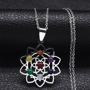 Collier Pendentif 7 Chakras Fleur Sacr&eacute;e Pierres Naturelles Cha&icirc;ne Homme Femme