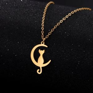Collier Pendentif Chat Croissant de lune