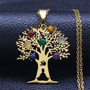 Collier Pendentif 7 Chakras Fleur Sacr&eacute;e Pierres Naturelles Cha&icirc;ne Homme Femme