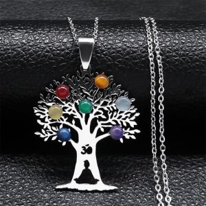 Collier Pendentif 7 Chakras Fleur Sacr&eacute;e Pierres Naturelles Cha&icirc;ne Homme Femme