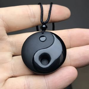 Collier Tress&eacute; avec Pendentif en Pierre Obsidienne Noire Yin Yang