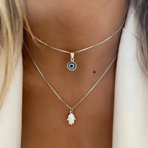 Collier Double avec Pendentif Oeil Bleu Turc et Main de Fatma