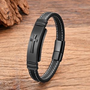 Bracelet Croix En Cuir Noir