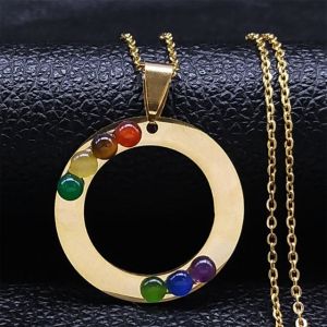 Collier Pendentif 7 Chakras Fleur Sacr&eacute;e Pierres Naturelles Cha&icirc;ne Homme Femme