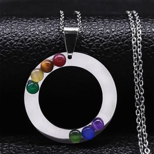 Collier Pendentif 7 Chakras Fleur Sacr&eacute;e Pierres Naturelles Cha&icirc;ne Homme Femme