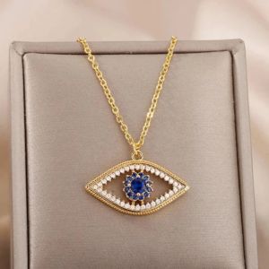 Collier Avec Pendentif Zircon Contre Mauvais Oeil Bleu Turc