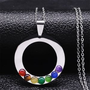 Collier Pendentif 7 Chakras Fleur Sacr&eacute;e Pierres Naturelles Cha&icirc;ne Homme Femme