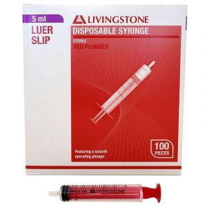 Livingstone Syringe Luer Slip Tip Red Plunger Sterile 5ml 100 Pieces/Box