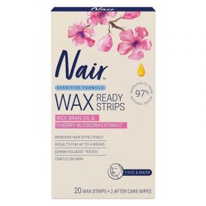Nair Sensitive Formula Wax Ready Strips Rice Bran Oil & Cherry Blossom Extract Face & Bikini 20 Pack