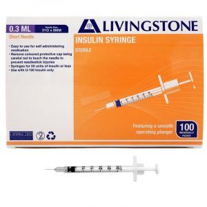 Livingstone Insulin Syringes 0.3mL White Plunger with Needle 31 Gauge Sterile 100 Pieces/Box