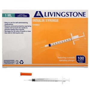 Livingstone Insulin Syringes 1mL with White Plunger with Needle 27 Gauge Sterile 100 Pieces/Box