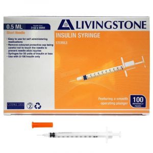 Livingstone Insulin Syringes 0.5mL White Plunger with Needle 31 Gauge Sterile 100 Pieces/Box